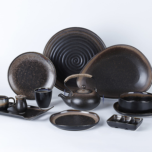 Classic Design Glazed Black Porcelain Plant Pattern Scratch Proof Dinnerware Sets