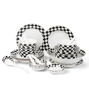 28-Piece Porcelain Dinnerware Set Gold Inlay Kitchen Plates