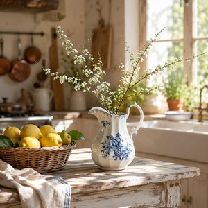 Vintage French Country Ceramic Pitcher Floral Jug
