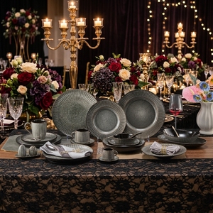 ST Color Glaze Black Wool Stripe Ceramic Serving Plate Dishes Bowl Dinnerware Set