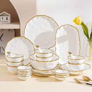High-End Household Ceramic Tableware Set Gold Edged Bowl and Plate