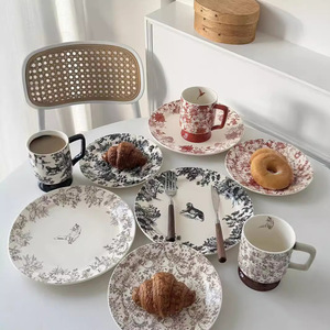 French Retro Vintage Forest Series Ceramic Plate Dinnerware Set